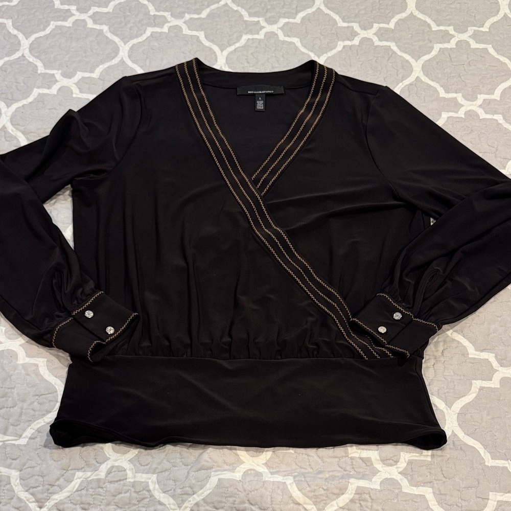 White House Black Market Black Blouse with Gold Accents